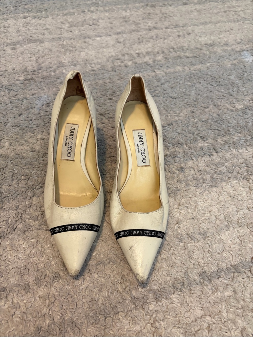 Jimmy Choo White Leather Pointed Toe Kitten Heels Pumps with Logo Band Accent 37